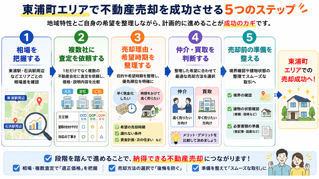 東浦町エリアで不動産売却を成功させる5つのステップを示した図解 