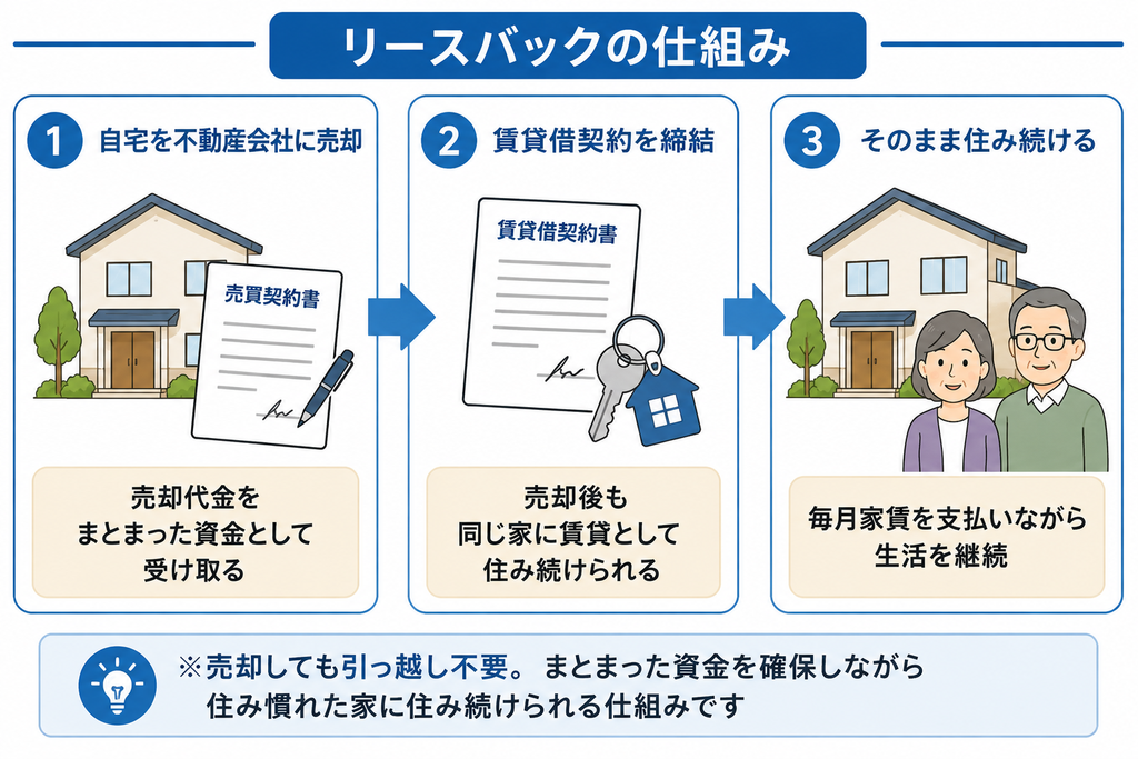 リースバックの仕組みを3ステップで示した図 