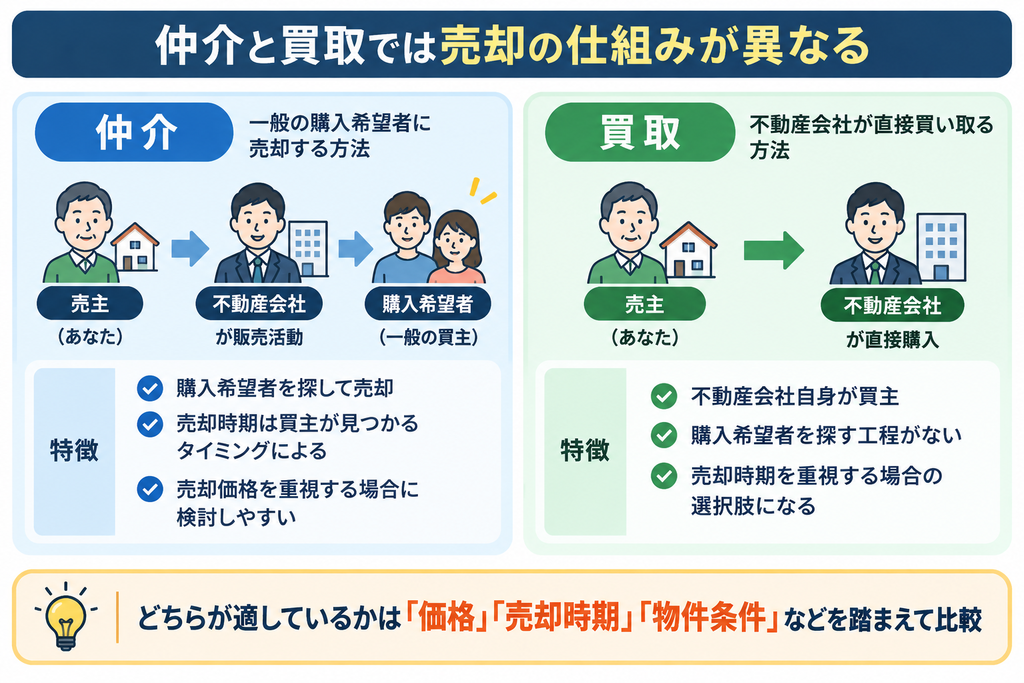 不動産売却の仲介と買取について、売主・不動産会社・購入希望者の関係や、売却価格・売却時期などの違いを比較した図解