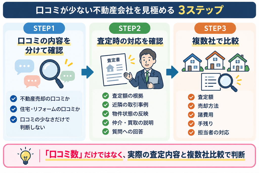 口コミが少ない不動産会社を見極めるために、口コミ内容の確認、査定時の対応確認、複数社比較の3ステップを示した図解